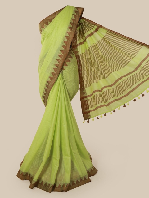 Pothys Green & Gold-Toned Linen Blend Striped Saree