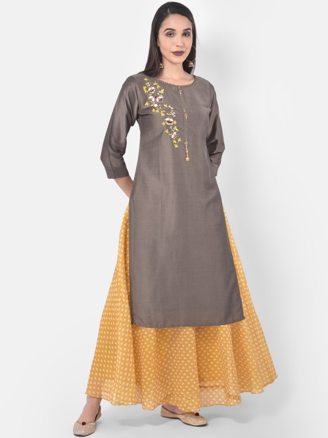 Neerus Women Grey Embroidered Kurta with Skirt