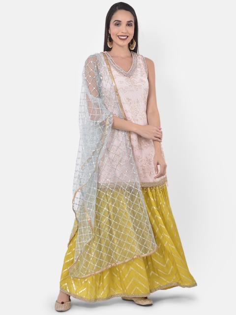 Neerus Women Pink & Yellow Embroidered Kurti with Sharara & Dupatta
