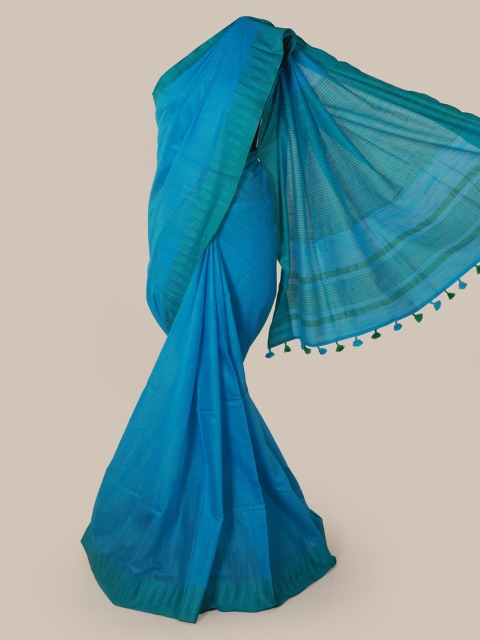 Pothys Blue Solid Linen Blend Saree
