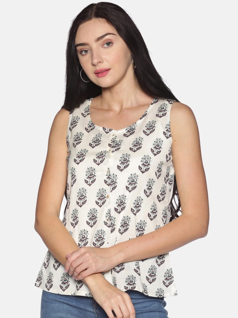 Saffron Threads Off White Printed Pure Cotton Regular Top