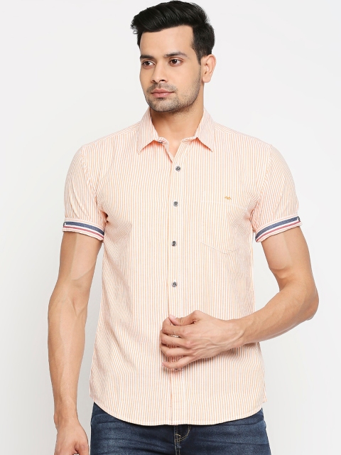 Mufti Men Peach-Coloured & White Slim Fit Striped Casual Shirt