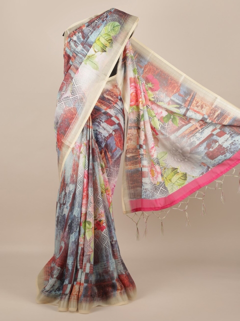 Pothys Multicoloured Printed Linen Blend Saree, Multi