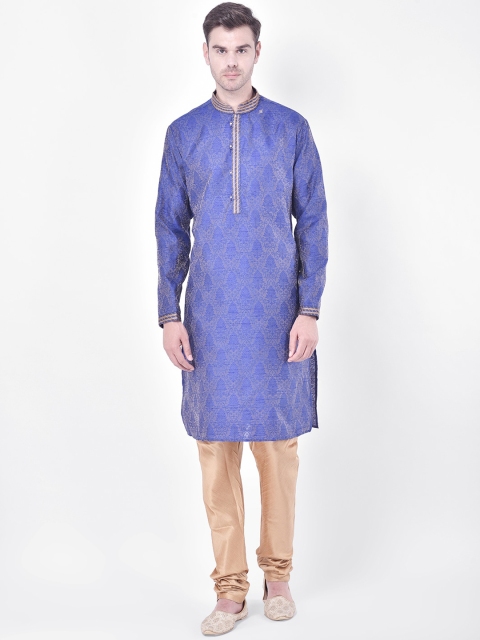 SG LEMAN Men Blue & Beige Woven Design Kurta with Churidar