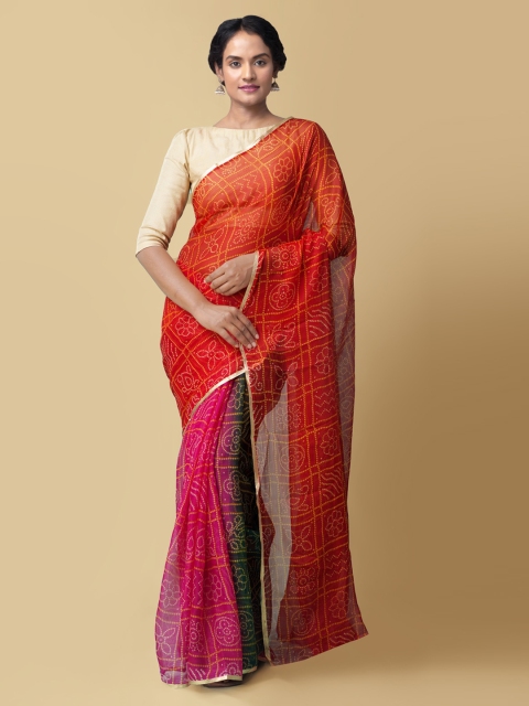 Unnati Silks Orange Pure Chiffon Printed Baluchari Handloom Saree