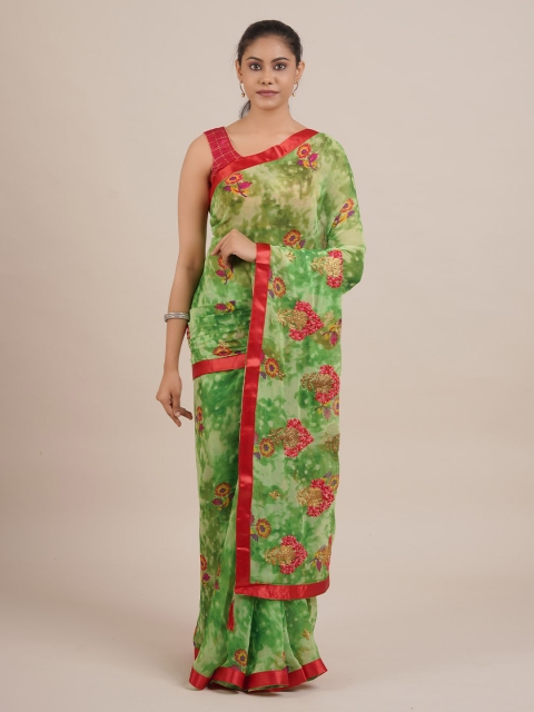 Pothys Green Printed Poly Chiffon Saree
