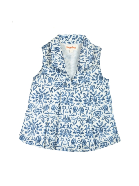 Hugsntugs White & Blue Floral Printed Pure Cotton A-Line Top