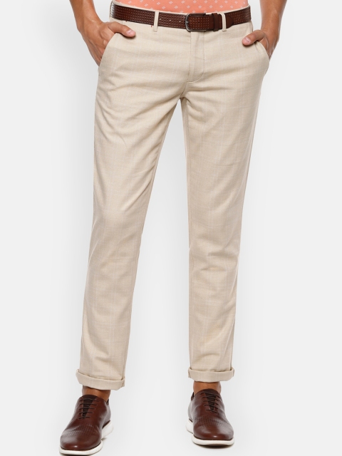 Louis Philippe Sport Men Cream-Coloured Slim Fit Solid Regular Trousers