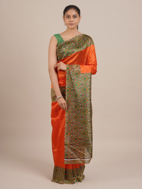 Pothys Orange Printed Jute Silk Saree