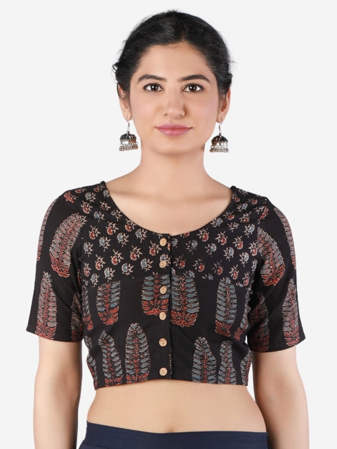 Llajja Women Black & Beige Ajrakh Printed Non-Padded Saree Blouse