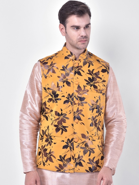 SG LEMAN Men Yellow & Brown Printed Satin Nehru Jacket