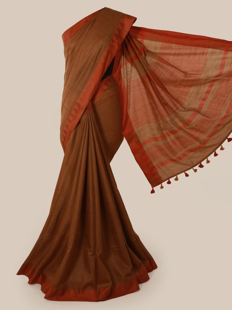 Pothys Brown Solid Linen Blend Saree