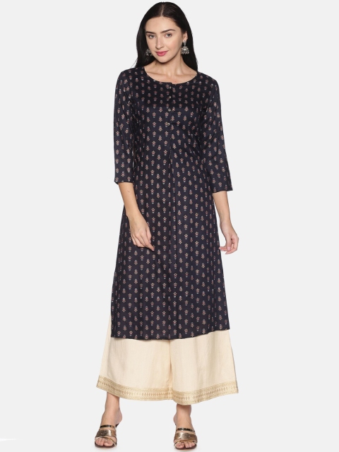 Saffron Threads Women Navy Blue Ethnic Motifs Printed Cotton Kurta