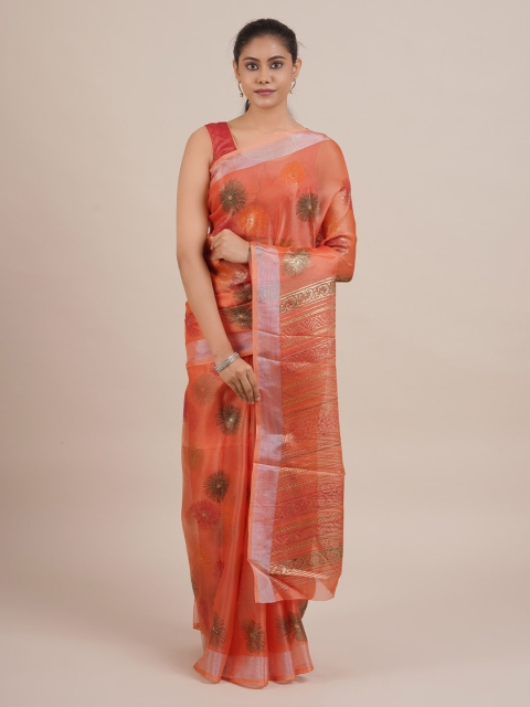 Pothys Peach-Coloured & Gold-Toned Tissue Printed Saree