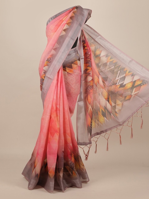 Pothys Pink Printed Linen Blend Saree