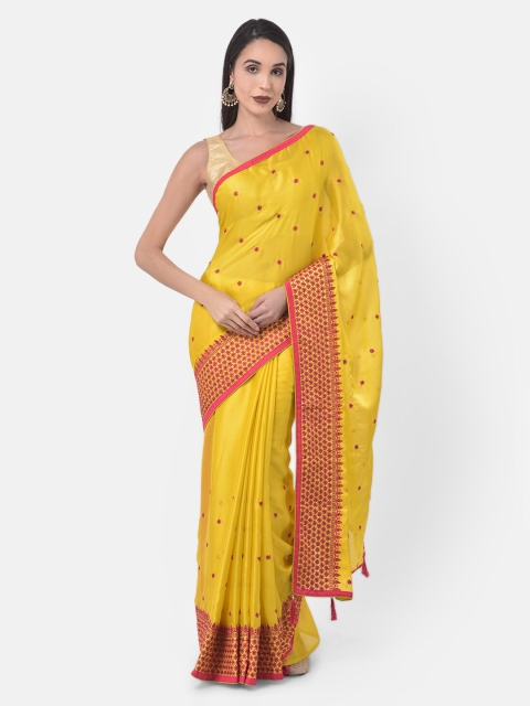 Neerus Yellow & Pink Poly Chiffon Embroidered Saree