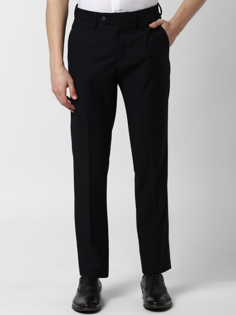 Peter England Elite Men Navy Blue Slim Fit Solid Formal Trousers