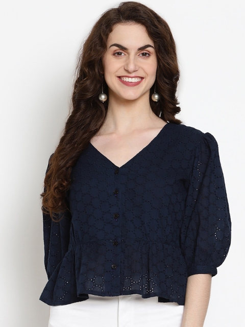 VANCA ECO Blue Puff Sleeves Sustainable Peplum Top