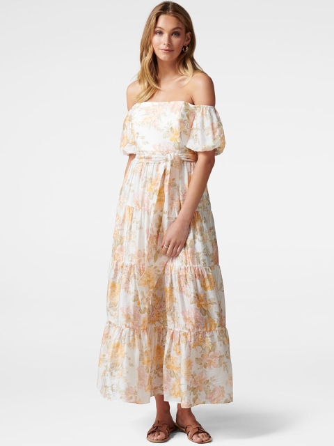 Forever New Women White & Yellow Floral Printed Off-Shoulder Tiered Maxi Dress