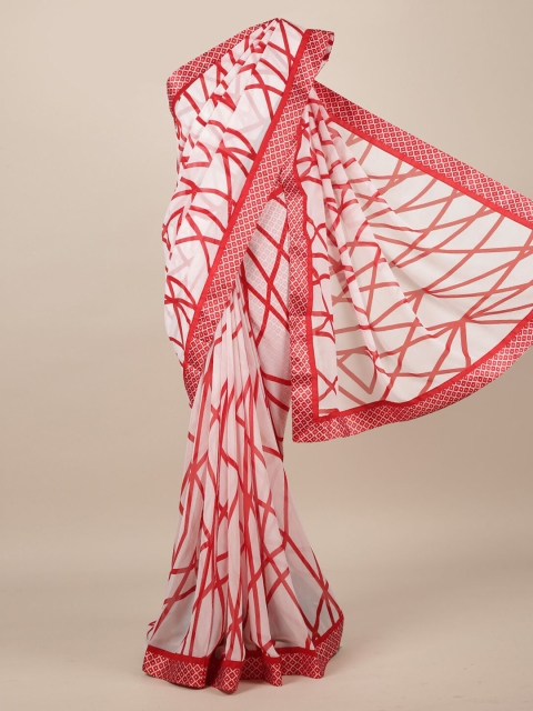 Pothys White & Red Poly Chiffon Printed Saree