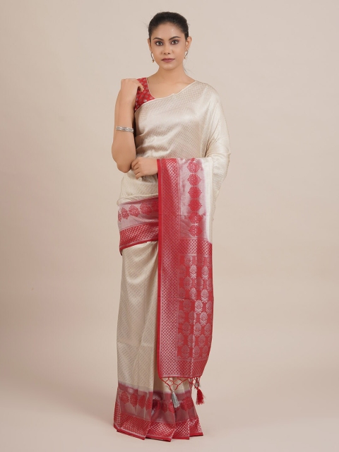 Pothys Cream-Coloured & Red Jute Silk Woven Design Saree