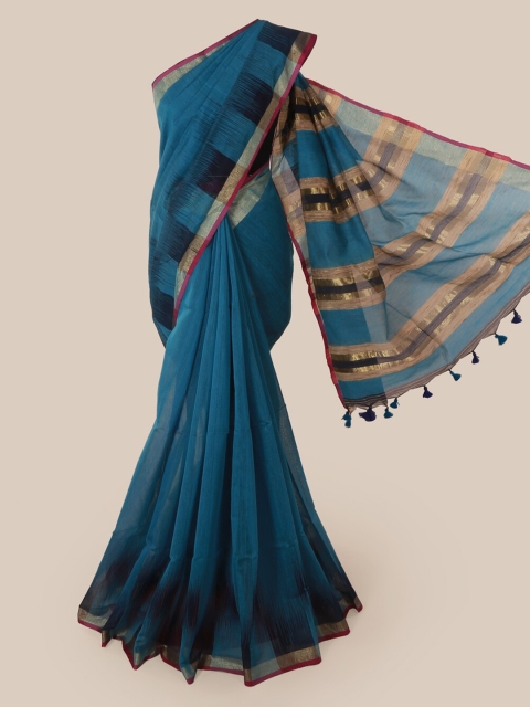 Pothys Blue Solid Cotton Blend Saree