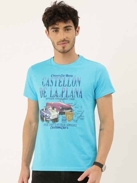 QUANCIOUS Men Blue Printed Round Neck Sustainable Pure Cotton Organic Cotton T-shirt