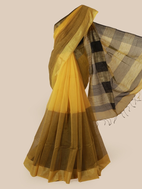 Pothys Yellow & Brown Cotton Blend Colourblocked Saree