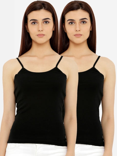 Heart 2 Heart Women Pack Of 2 Black Solid Cotton Camisoles