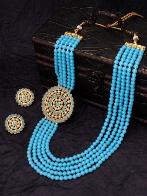 Sukkhi Gold-Plated Blue & White Stone-Studded & Beaded Jewellery Set