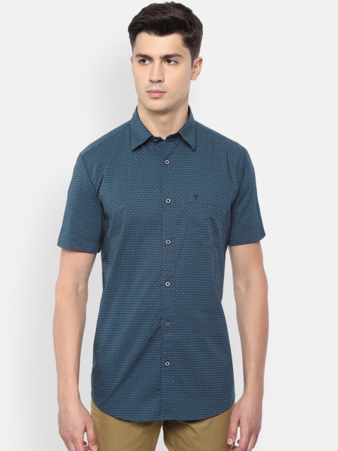 Van Heusen Sport Men Teal Blue & White Cotton Slim Fit Printed Smart Casual Shirt