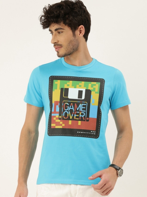 QUANCIOUS Men Turquoise Blue Printed Round Neck Sustainable T-shirt
