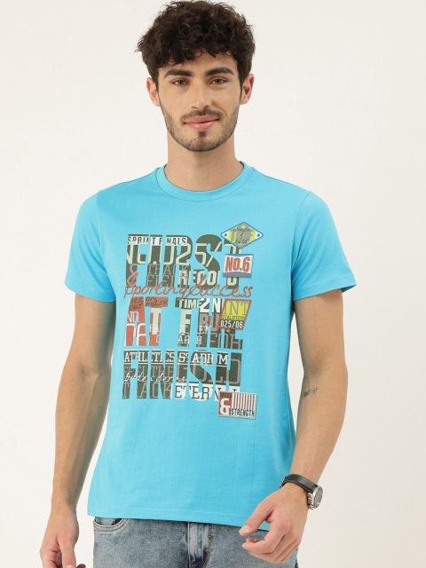 QUANCIOUS Men Turquoise Blue Printed Organic Cotton Round Neck Sustainable T-shirt