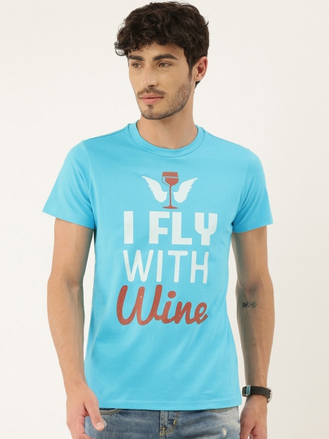 QUANCIOUS Men Blue Printed Round Neck T-shirt