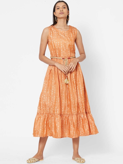 ZOLA Women Coral Orange & Golden Printed Fit and Flare Dress with Belt