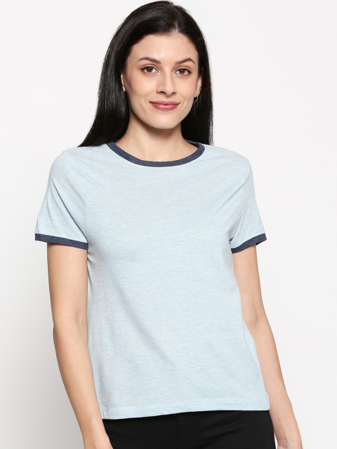 People Women Blue Solid Round Neck T-shirt
