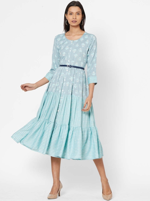 ZOLA Women Blue Printed Fit and Flare Dress