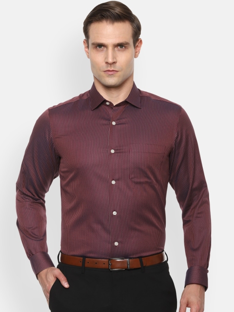 Louis Philippe Men Maroon & White Pure Cotton Regular Fit Striped Casual Shirt