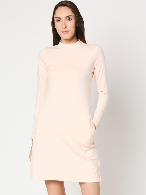 Bewakoof Women Peach-Coloured Solid High Neck Sheath Dress