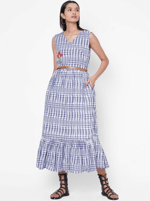 ZOLA Women Navy Blue & White Checked Layered A-Line Dress with Belt