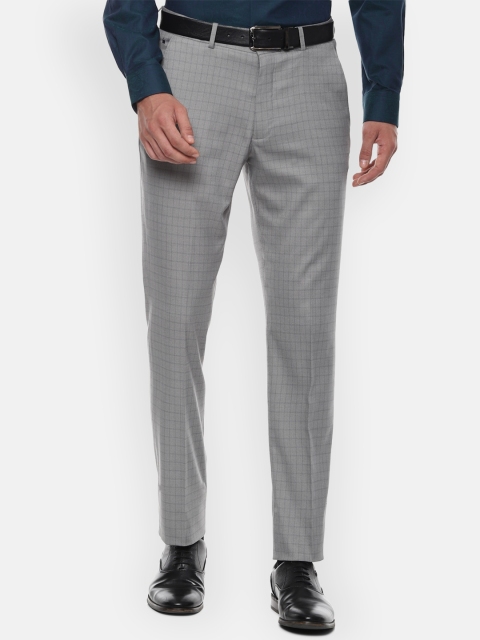 Louis Philippe Men Grey Slim Fit Checked Formal Trousers