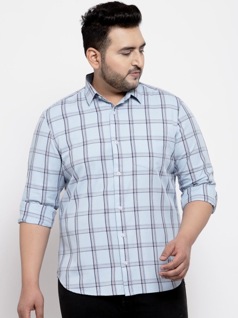 plusS Men Plus Size Blue & Charcoal Grey Regular Fit Checked Casual Shirt