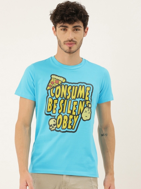 QUANCIOUS Men Blue & Yellow Printed Round Neck Sustainable T-shirt