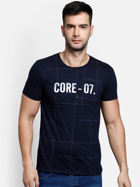 COBB Men Navy Blue & White Printed Round Neck T-shirt