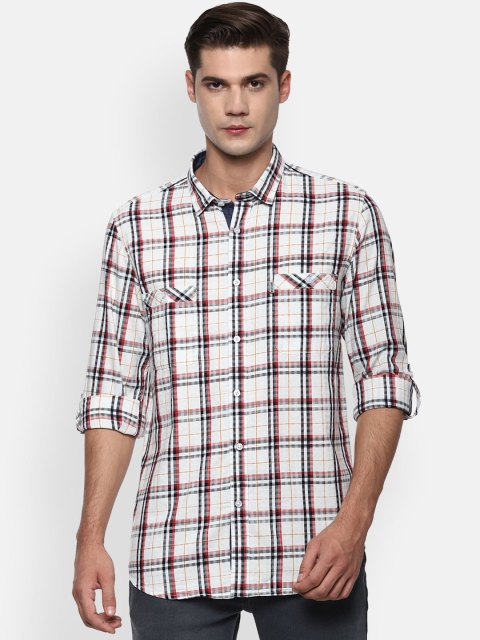 Louis Philippe Jeans Men White & Red Cotton Slim Fit Checked Casual Shirt