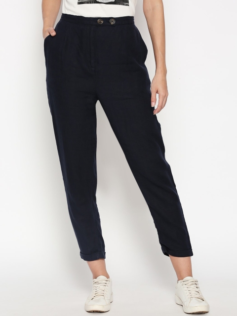 People Women Navy Blue Tapered Fit Solid Pure Linen Regular Trousers