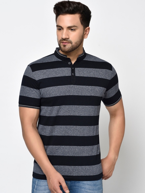 Octave Men Grey Striped Mandarin Collar T-shirt