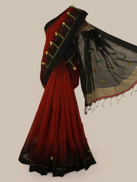 Pothys Maroon & Black Cotton Blend Solid Saree
