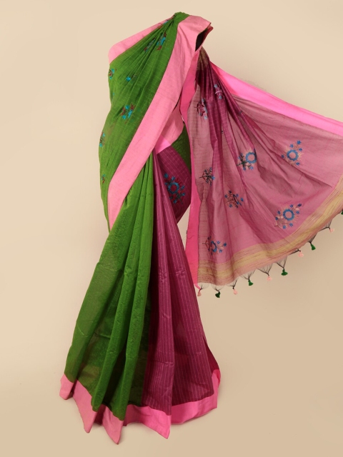 Pothys Pink & Green Cotton Blend Solid Saree