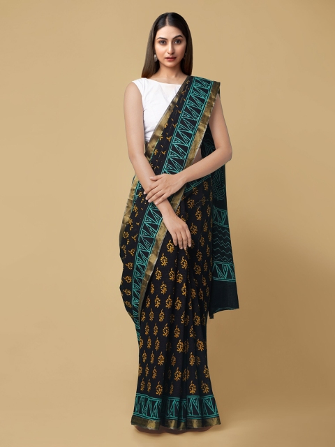 Unnati Silks Black & Green Pure Cotton Printed Block Print Saree